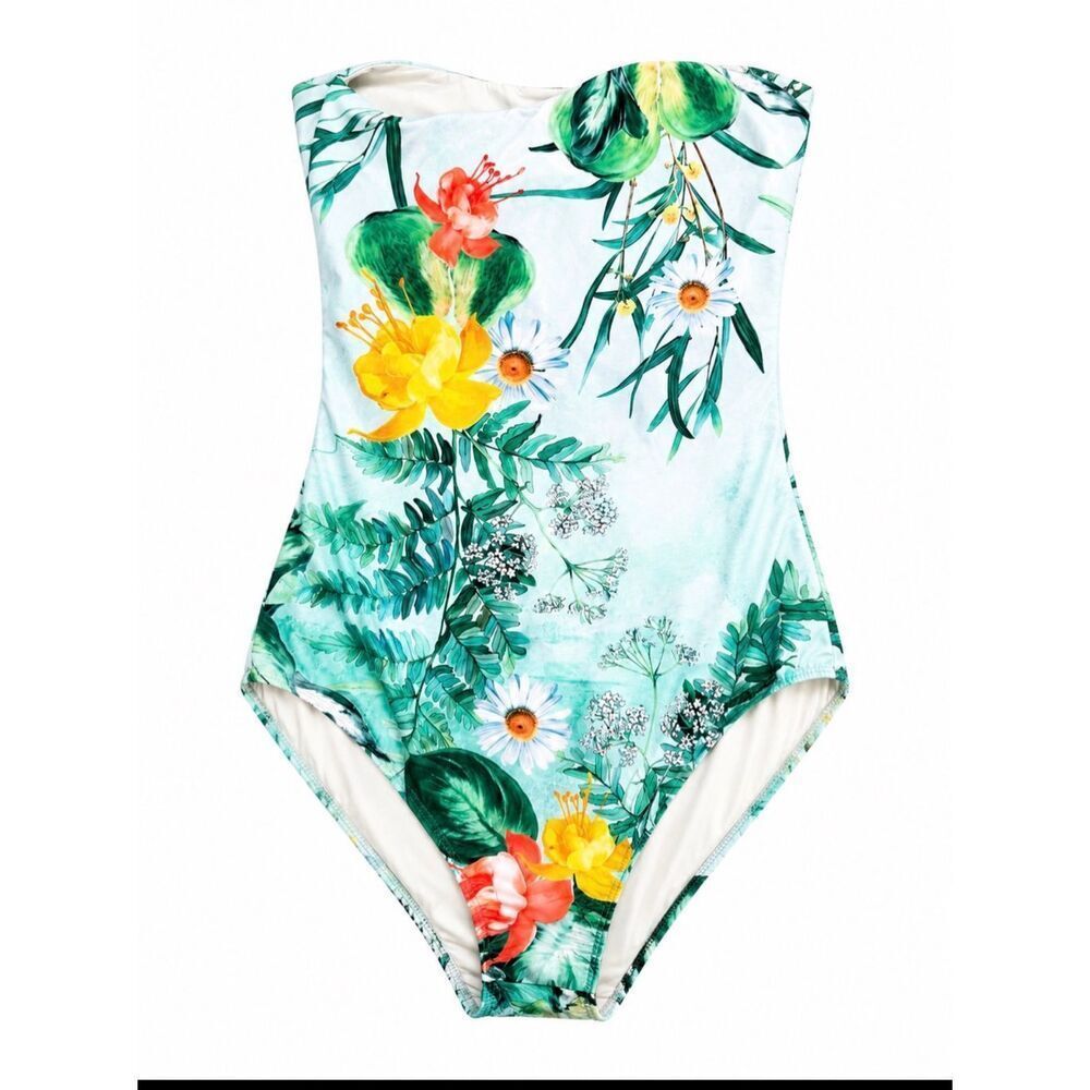 Lança Perfume Tropical Floral One Piece Swimsuit Bandeau Brazil SZ S